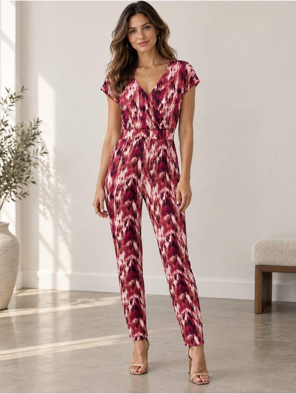 Burgundy Abstract Print V-Neck Jumpsuit